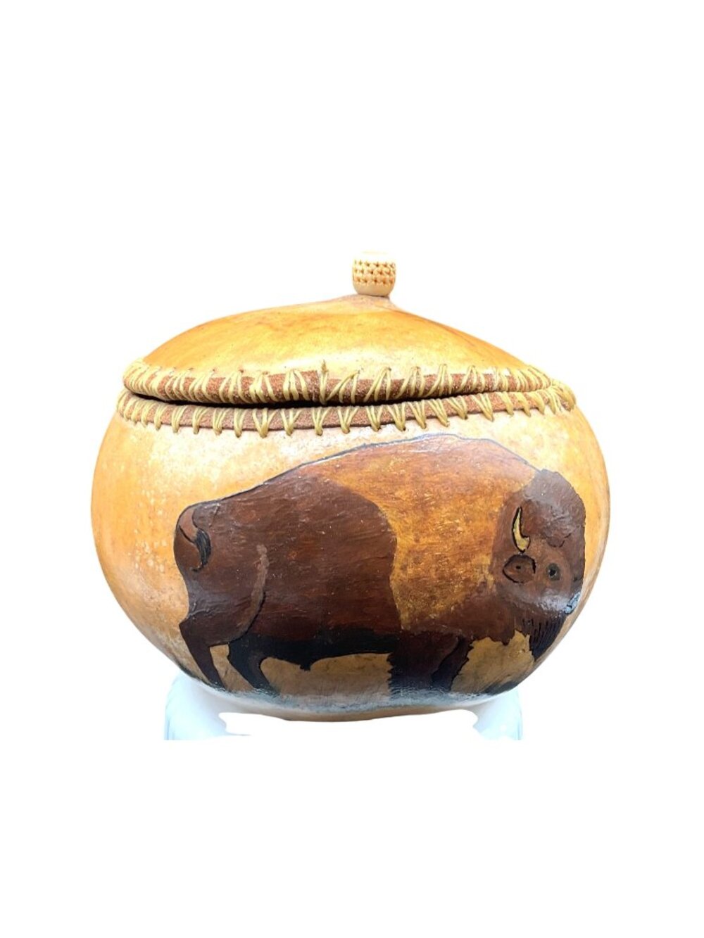 Handcrafted Gourd Bowl Buffalo Painting Woven Lid Rustic Southwestern